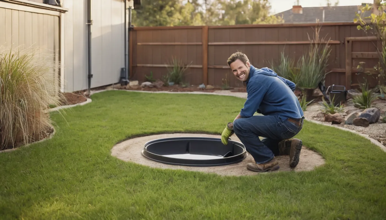 Provider checking a septic tank lid in a yard near Los Angeles