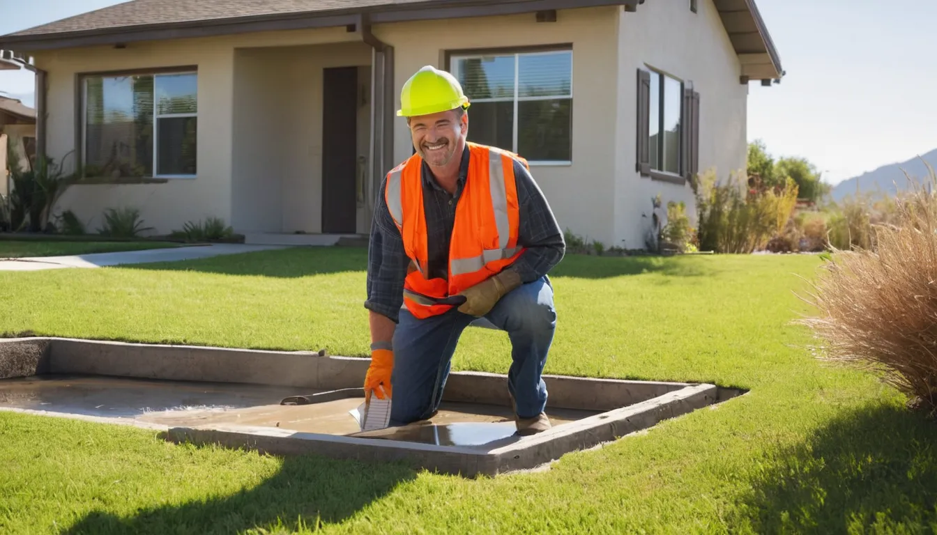 A local provider inspecting a septic tank access lid beside a stucco ranch home in Los Angeles