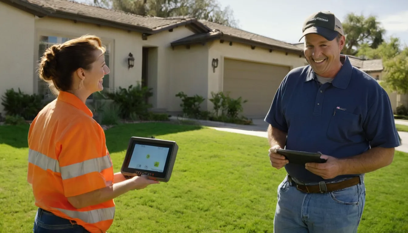 A local provider and a homeowner reviewing a sewer line camera inspection in a front yard in Los Angeles